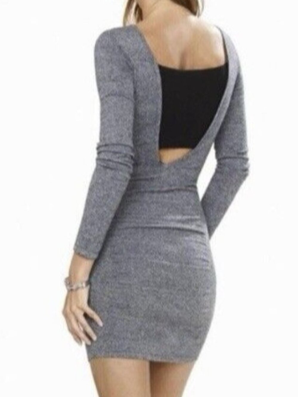 Express Womens Dress XS Bodycon Ruched Long Sleeve Marled Gray Stretch - Picture 5 of 7